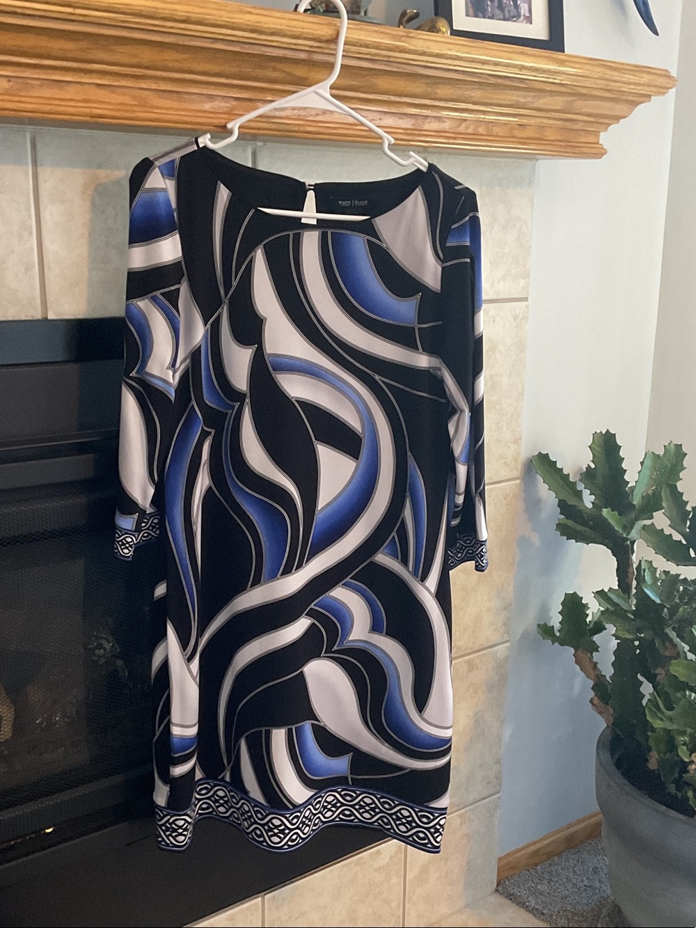 White House Black Market Black, Blue & White Abstract Midi Dress